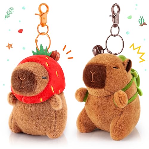 Achwishap 2-Pack Capybara Plush Keychains – with Turtle Backpack and Strawberry Hat, Soft Fabric, Safe for Kids