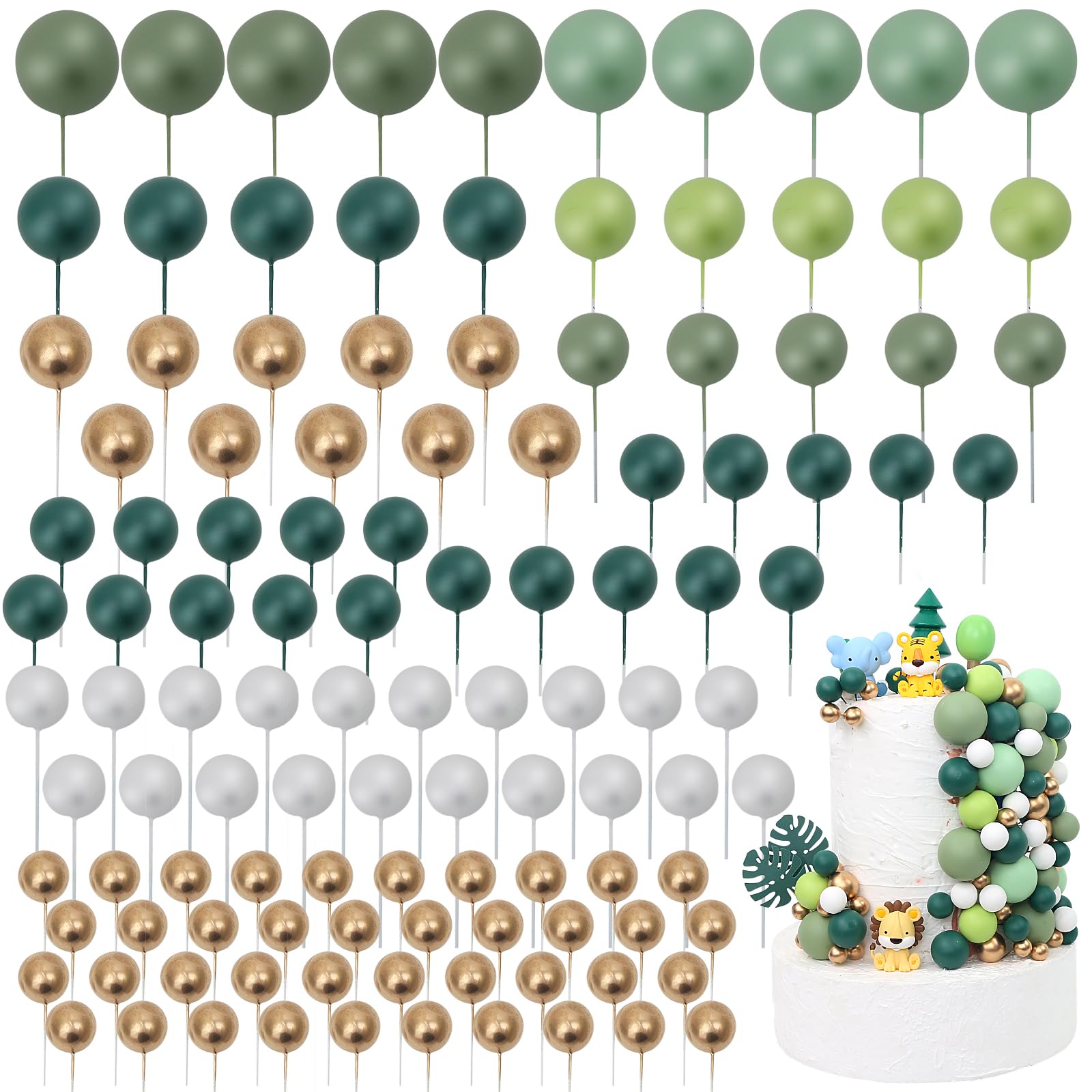 Acmee 115-Piece Green Foam Ball Cake Toppers - 5 Sizes for Jungle Birthday Baby Shower