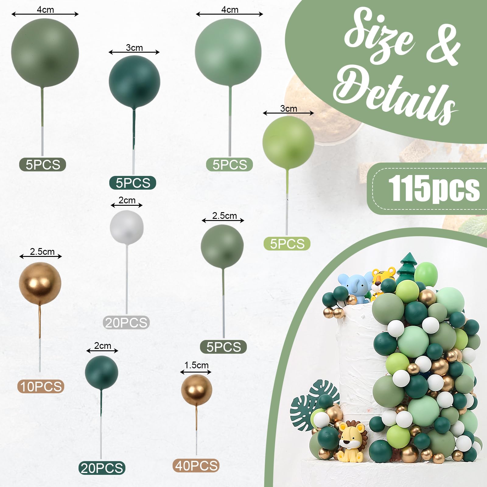 Acmee 115-Piece Green Foam Ball Cake Toppers - 5 Sizes for Jungle Birthday Baby Shower