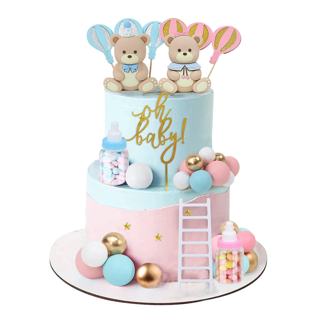Acmee 32-Piece Bear Cake Toppers Set - Blue & Pink Bears with Gold 'Oh Baby' Letters, Balloons, and Cake Balls for Baby Shower or Gender Reveal Party