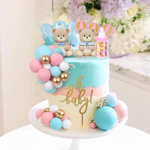 Acmee 32-Piece Bear Cake Toppers Set - Blue & Pink Bears with Gold 'Oh Baby' Letters, Balloons, and Cake Balls for Baby Shower or Gender Reveal Party