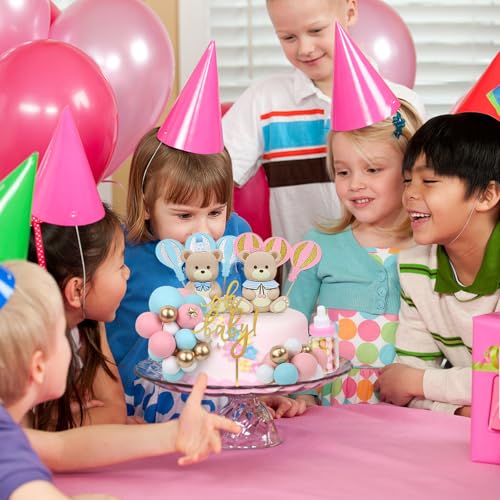 Acmee 32-Piece Bear Cake Toppers Set - Blue & Pink Bears with Gold 'Oh Baby' Letters, Balloons, and Cake Balls for Baby Shower or Gender Reveal Party