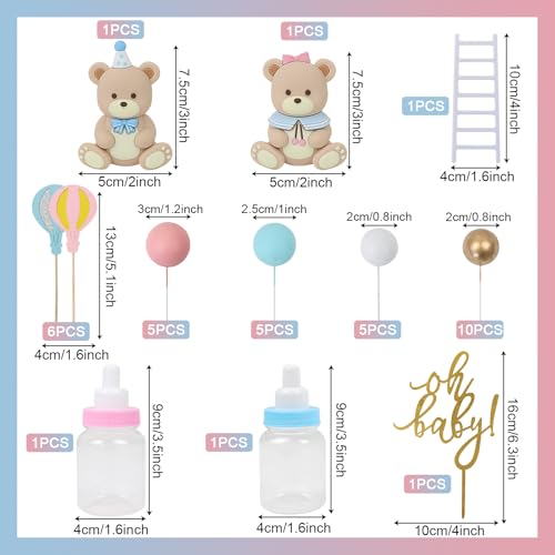 Acmee 32-Piece Bear Cake Toppers Set - Blue & Pink Bears with Gold 'Oh Baby' Letters, Balloons, and Cake Balls for Baby Shower or Gender Reveal Party