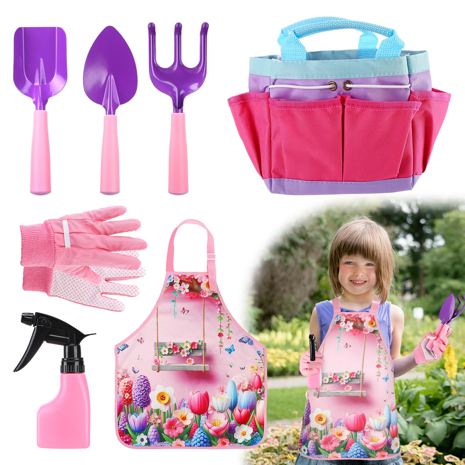 Acostop Kids Gardening Tool Set - Pink Flower Apron, Gloves, Metal Tools, Watering Can & Tote Bag for Girls Ages 3-8