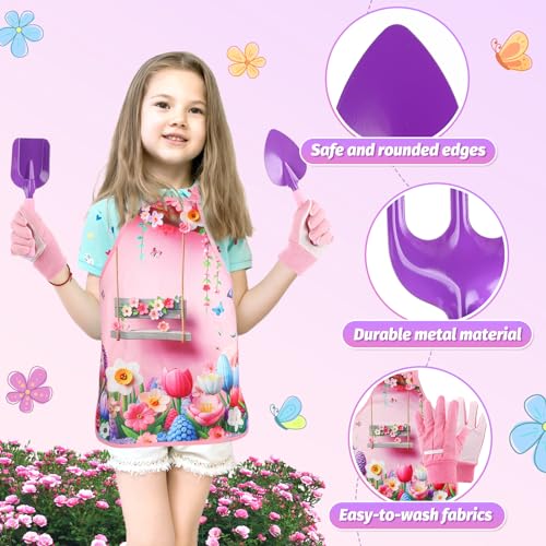 Acostop Kids Gardening Tool Set - Pink Flower Apron, Gloves, Metal Tools, Watering Can & Tote Bag for Girls Ages 3-8