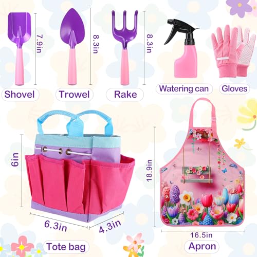 Acostop Kids Gardening Tool Set - Pink Flower Apron, Gloves, Metal Tools, Watering Can & Tote Bag for Girls Ages 3-8