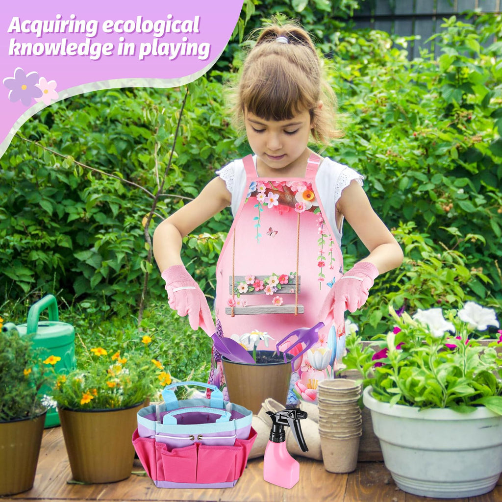Acostop Kids Gardening Tool Set - Pink Flower Apron, Gloves, Metal Tools, Watering Can & Tote Bag for Girls Ages 3-8