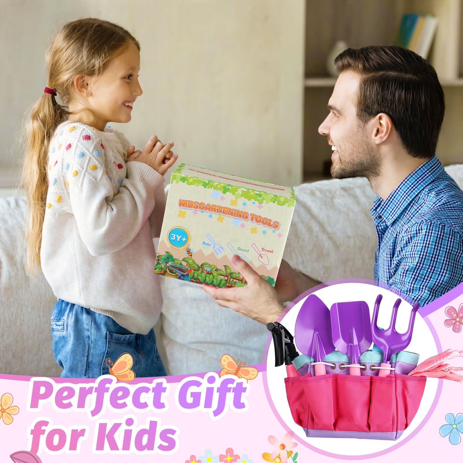 Acostop Kids Gardening Tool Set - Pink Flower Apron, Gloves, Metal Tools, Watering Can & Tote Bag for Girls Ages 3-8