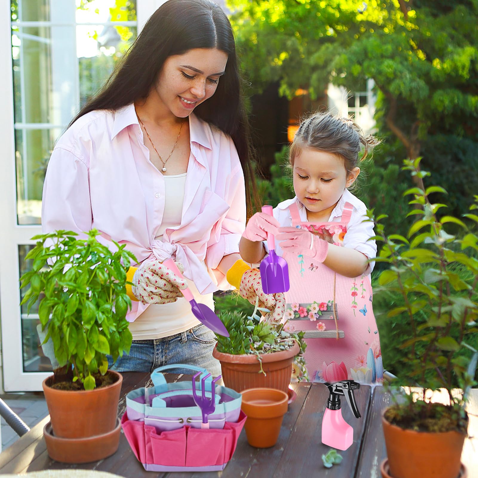 Acostop Kids Gardening Tool Set - Pink Flower Apron, Gloves, Metal Tools, Watering Can & Tote Bag for Girls Ages 3-8