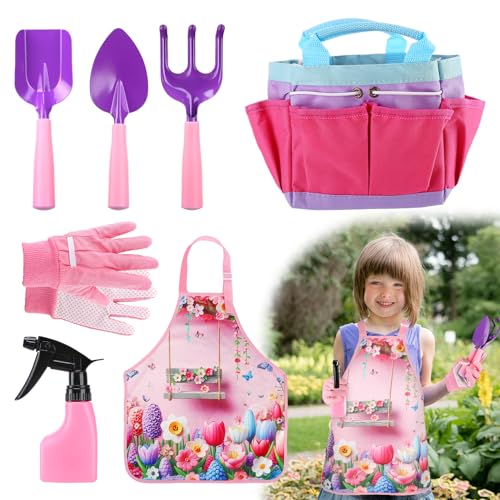 Acostop Kids Gardening Tool Set - Pink Flower Apron, Gloves, Metal Tools, Watering Can & Tote Bag for Girls Ages 3-8