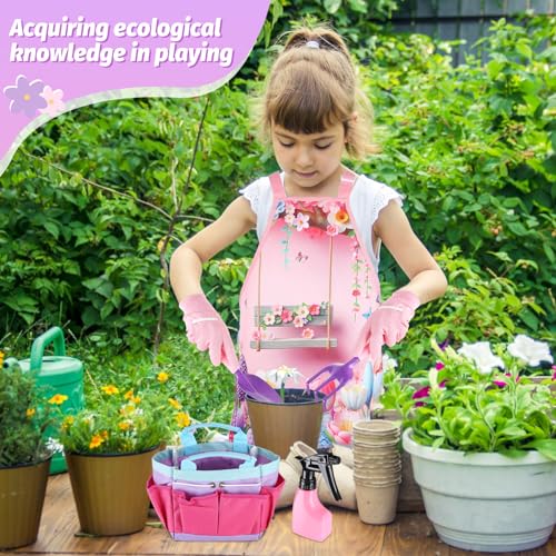 Acostop Kids Gardening Tool Set - Pink Flower Apron, Gloves, Metal Tools, Watering Can & Tote Bag for Girls Ages 3-8