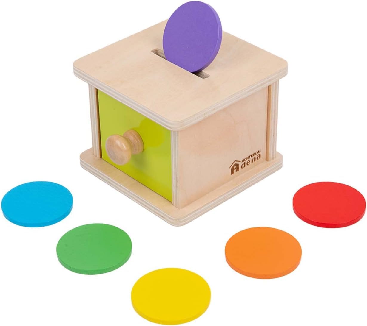 Adena Montessori Coin Box for Infants – Wooden Object Permanence Toy with Colored Discs (Yellow-Green Door)