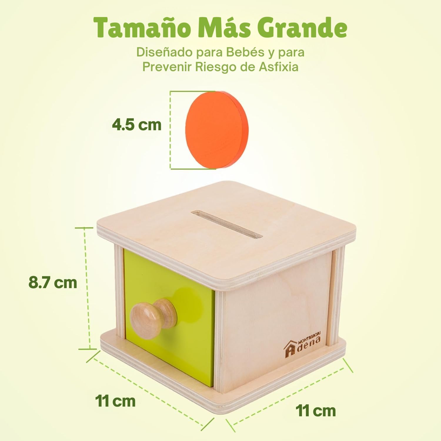 Adena Montessori Coin Box for Infants – Wooden Object Permanence Toy with Colored Discs (Yellow-Green Door)