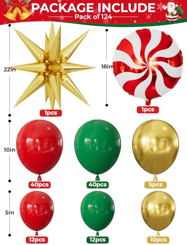 Adeyoo 124-Piece Christmas Balloon Arch Kit – Red, Green & Gold with Nutcracker & Candy Cane Foil Balloons