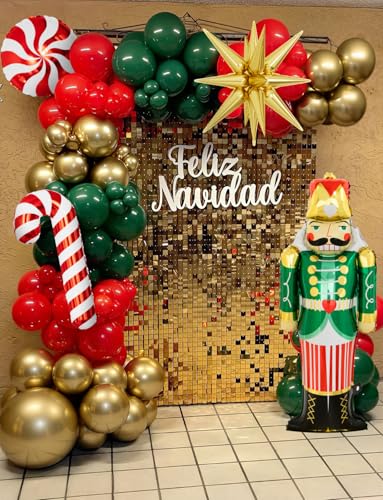 Adeyoo 124-Piece Christmas Balloon Arch Kit – Red, Green & Gold with Nutcracker & Candy Cane Foil Balloons