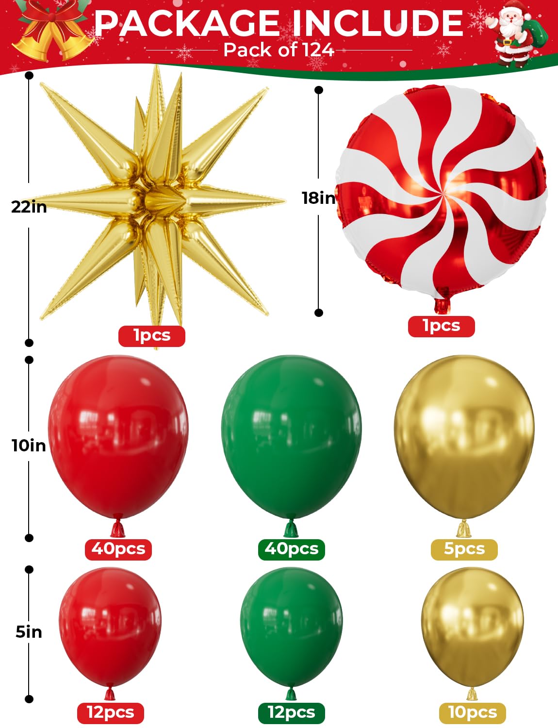 Adeyoo 124-Piece Christmas Balloon Arch Kit – Red, Green & Gold with Nutcracker & Candy Cane Foil Balloons