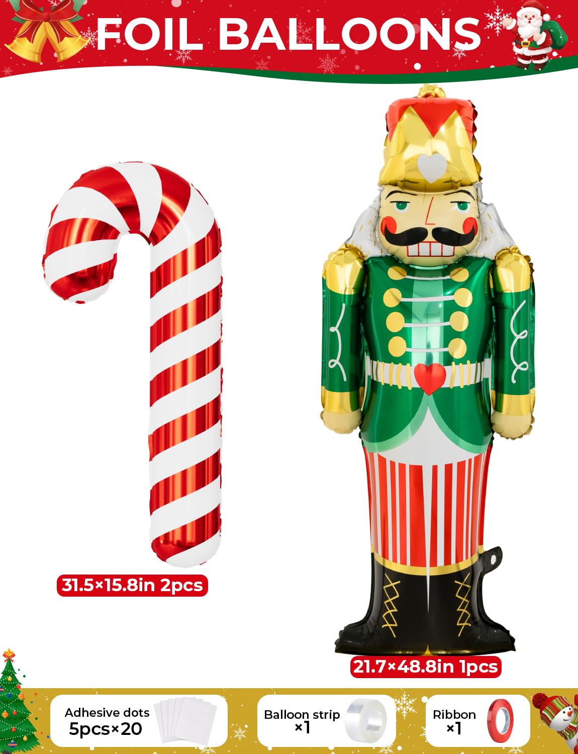 Adeyoo 124-Piece Christmas Balloon Arch Kit – Red, Green & Gold with Nutcracker & Candy Cane Foil Balloons