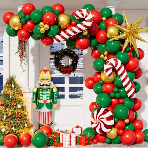 Adeyoo 124-Piece Christmas Balloon Arch Kit – Red, Green & Gold with Nutcracker & Candy Cane Foil Balloons