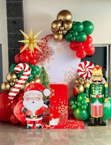 Adeyoo 124-Piece Christmas Balloon Arch Kit – Red, Green & Gold with Nutcracker & Candy Cane Foil Balloons