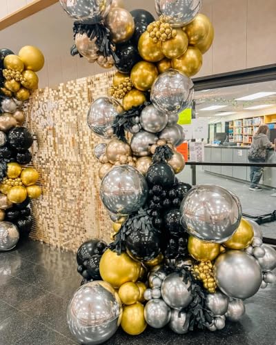 ADOINBY 142-Piece Metallic Black Gold Silver Balloon Arch Kit for Party Decor