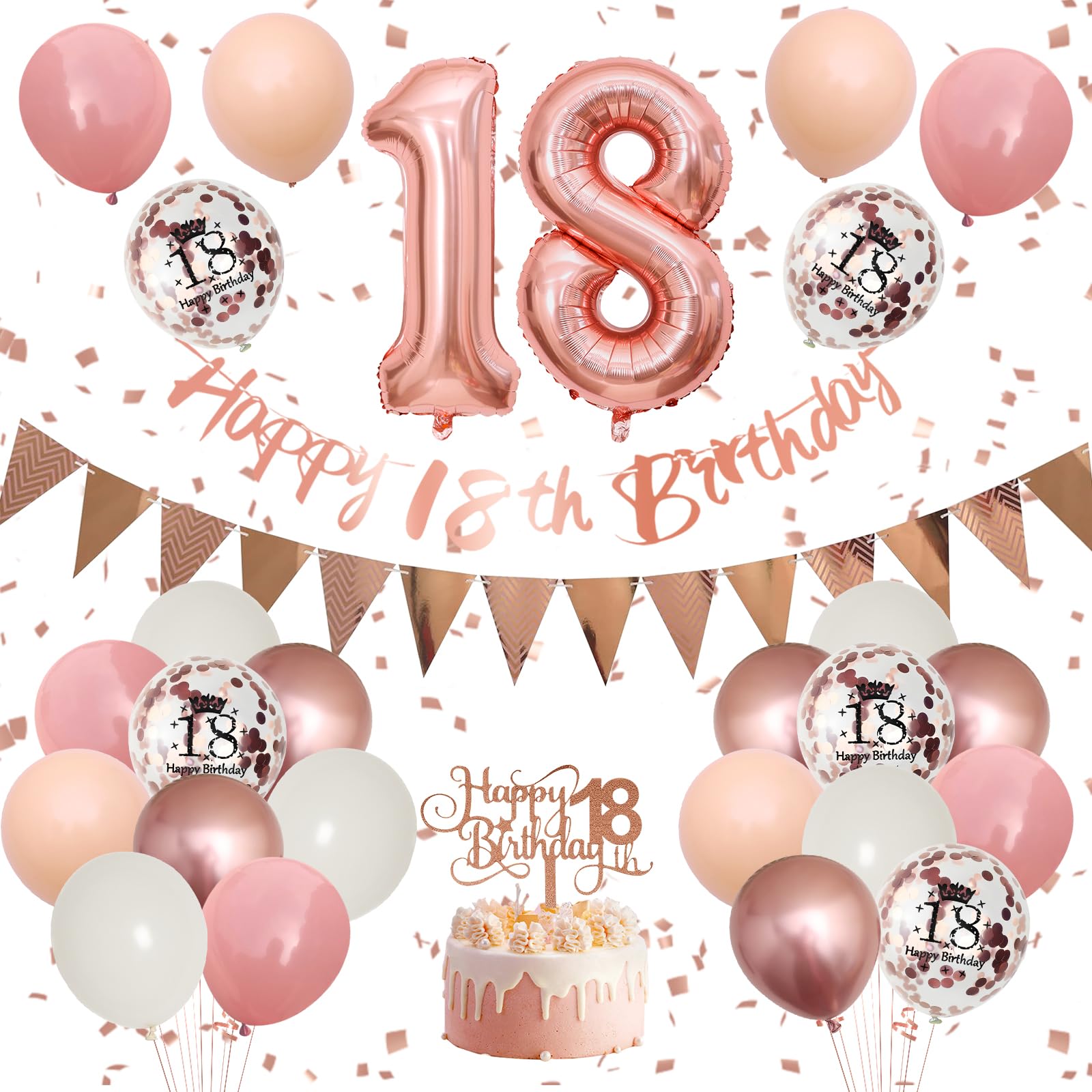 Adorely 18th Birthday Decorations Kit - Blush Pink Rose Gold Banner, Balloons & Cake Topper for Girls Women