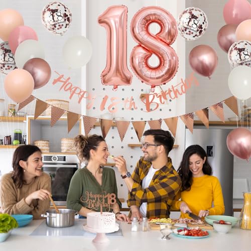 Adorely 18th Birthday Decorations Kit - Blush Pink Rose Gold Banner, Balloons & Cake Topper for Girls Women