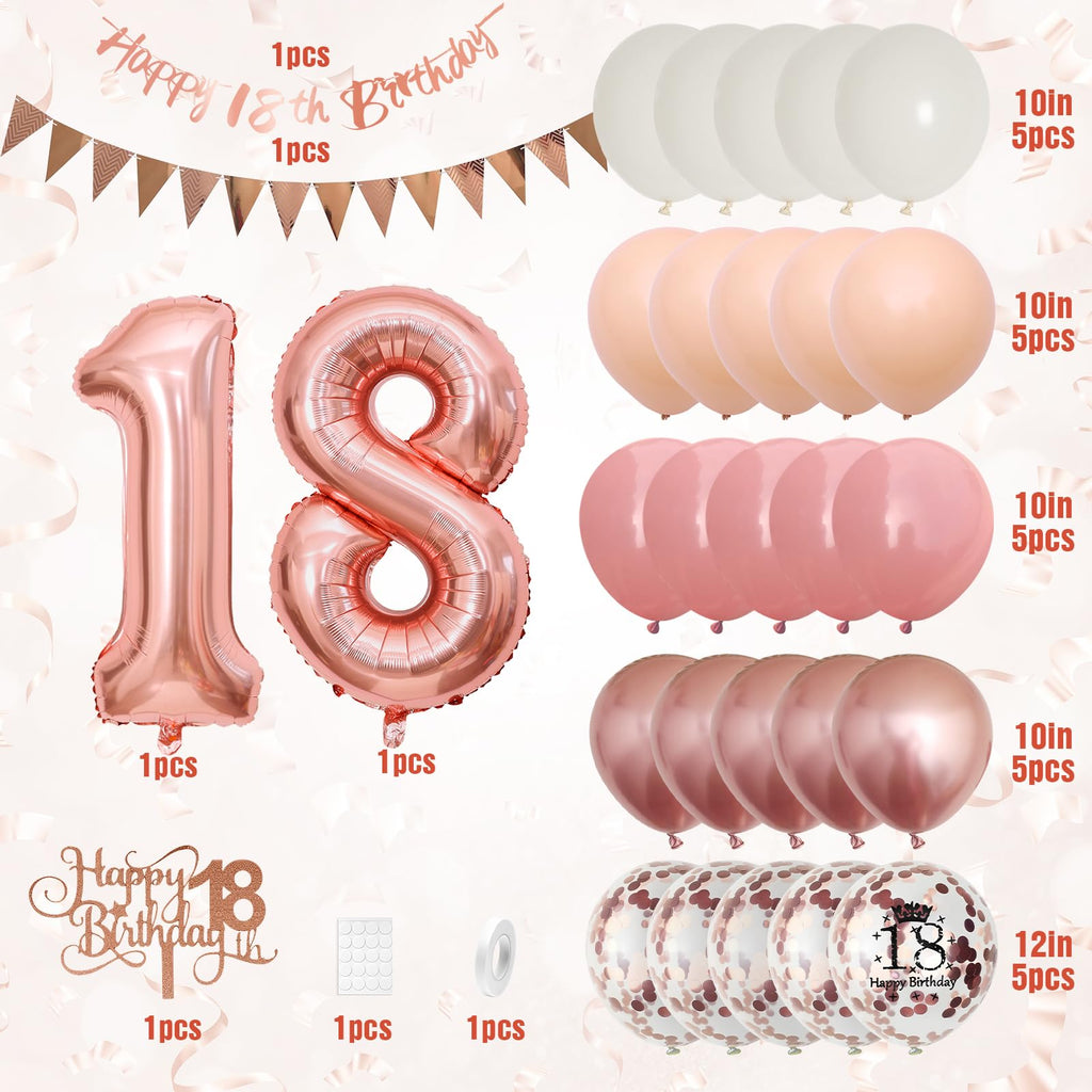 Adorely 18th Birthday Decorations Kit - Blush Pink Rose Gold Banner, Balloons & Cake Topper for Girls Women