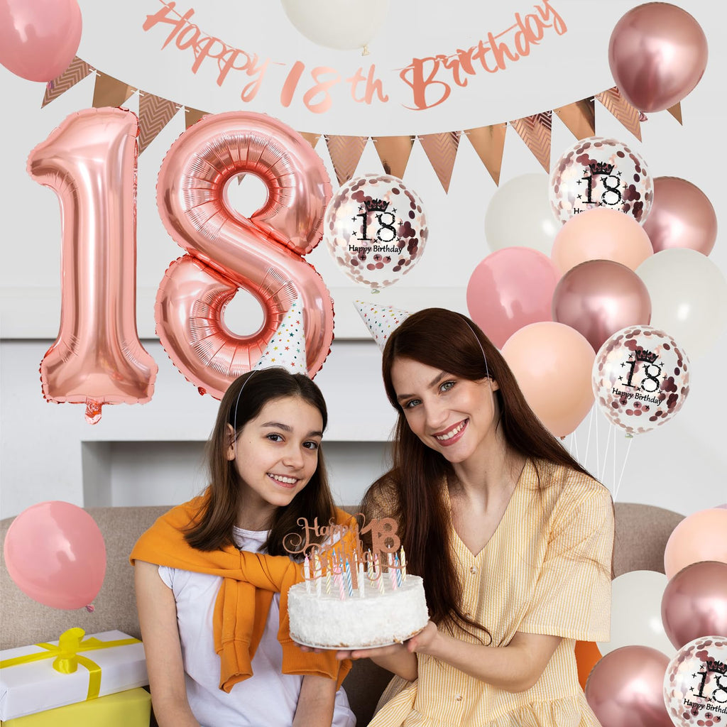 Adorely 18th Birthday Decorations Kit - Blush Pink Rose Gold Banner, Balloons & Cake Topper for Girls Women