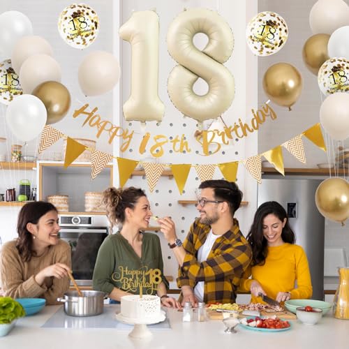 Adorely 18th Birthday Decorations Set – Sand White Gold Theme Banners, Balloons & Cake Topper