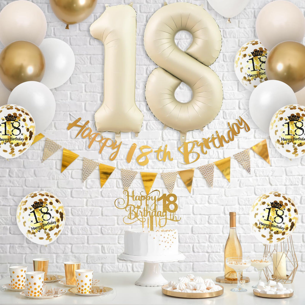 Adorely 18th Birthday Decorations Set – Sand White Gold Theme Banners, Balloons & Cake Topper