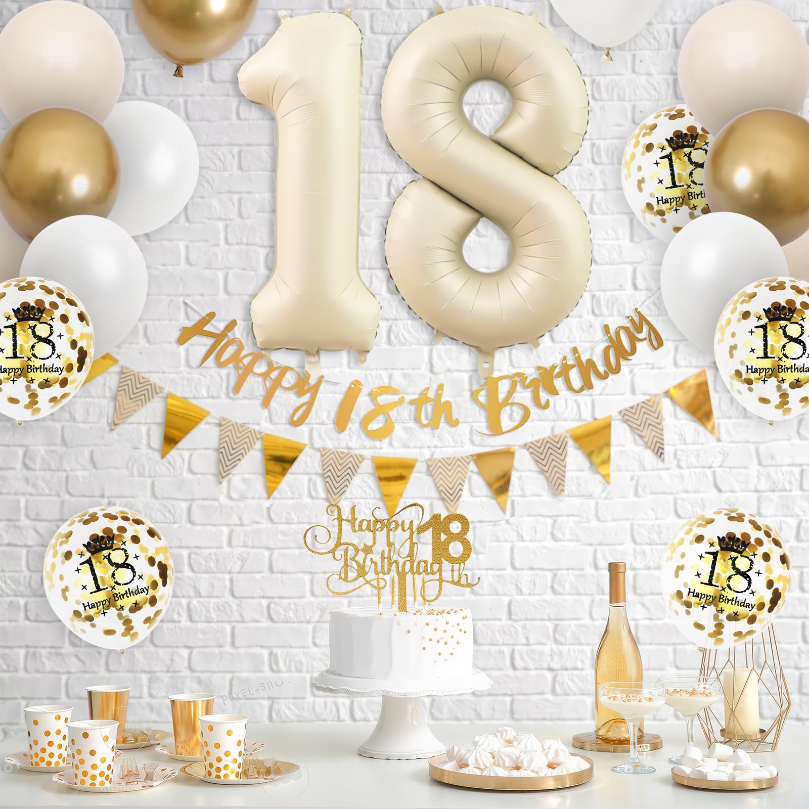 Adorely 18th Birthday Decorations Set – Sand White Gold Theme Banners, Balloons & Cake Topper