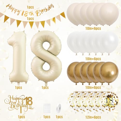Adorely 18th Birthday Decorations Set – Sand White Gold Theme Banners, Balloons & Cake Topper