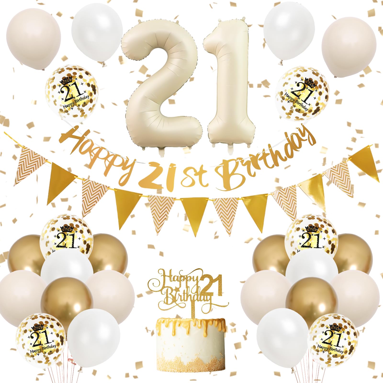 Adorely 21st Birthday Decorations Sand White Gold Set with Banner, Balloons, Cake Topper, and Number 21 Foil Balloon