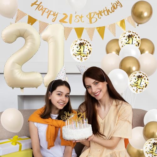 Adorely 21st Birthday Decorations Sand White Gold Set with Banner, Balloons, Cake Topper, and Number 21 Foil Balloon