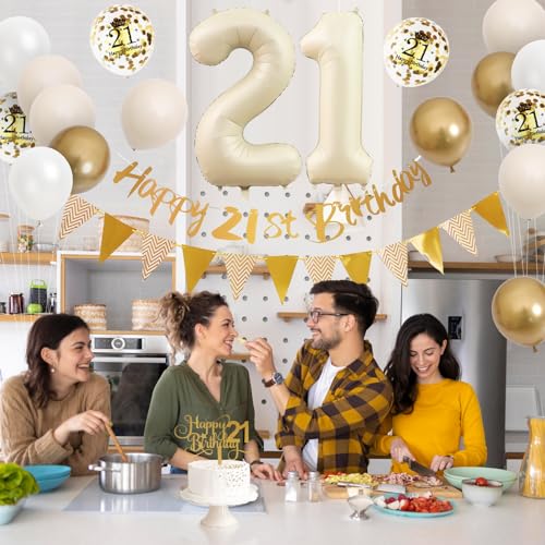 Adorely 21st Birthday Decorations Sand White Gold Set with Banner, Balloons, Cake Topper, and Number 21 Foil Balloon