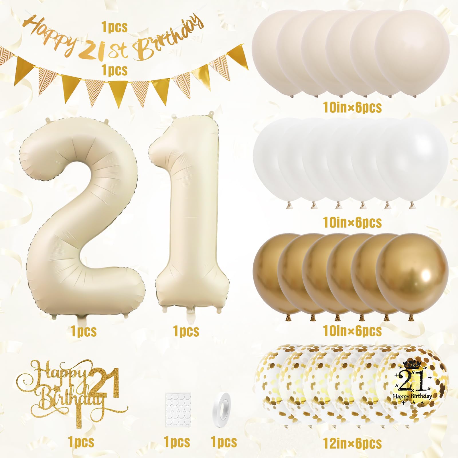 Adorely 21st Birthday Decorations Sand White Gold Set with Banner, Balloons, Cake Topper, and Number 21 Foil Balloon