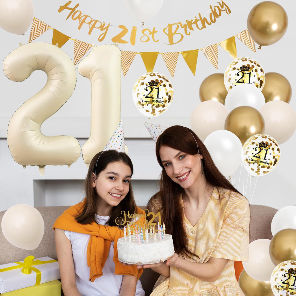 Adorely 21st Birthday Decorations Sand White Gold Set with Banner, Balloons, Cake Topper, and Number 21 Foil Balloon
