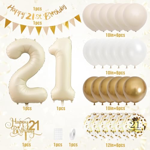 Adorely 21st Birthday Decorations Sand White Gold Set with Banner, Balloons, Cake Topper, and Number 21 Foil Balloon