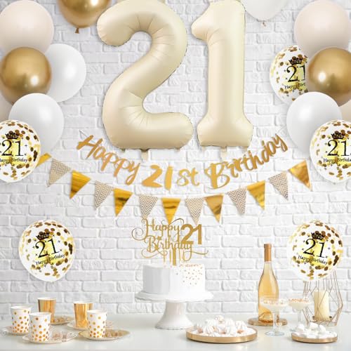 Adorely 21st Birthday Decorations Sand White Gold Set with Banner, Balloons, Cake Topper, and Number 21 Foil Balloon