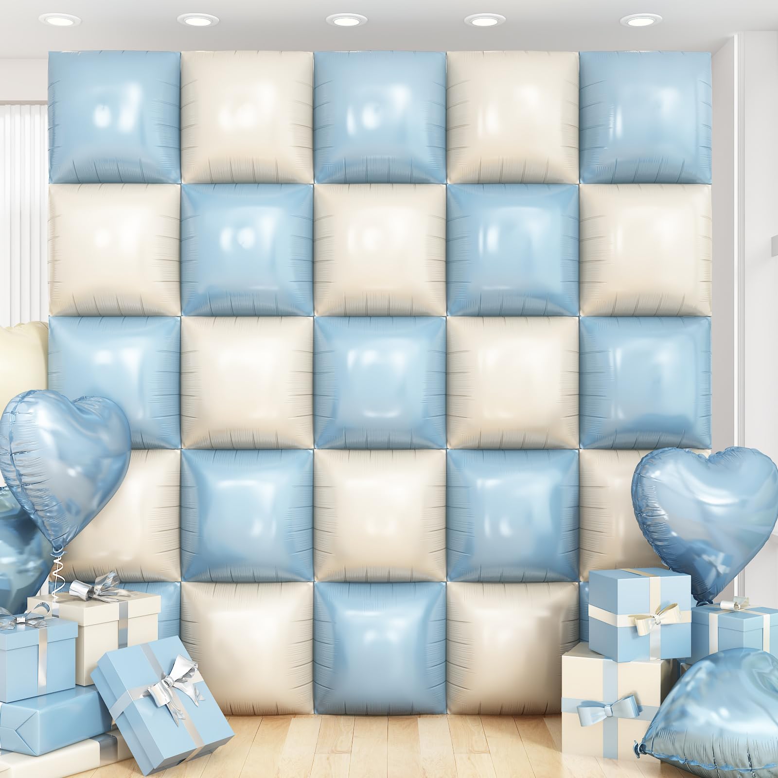 Adorely 25-Pack Double-Sided Foil Balloon Wall Kit – Blue and White Square Balloons for Party Backdrop Decor