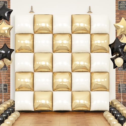 Adorely 25-Pack Double-Sided Gold White Square Foil Balloons – 19 Inch Party Backdrop Kit
