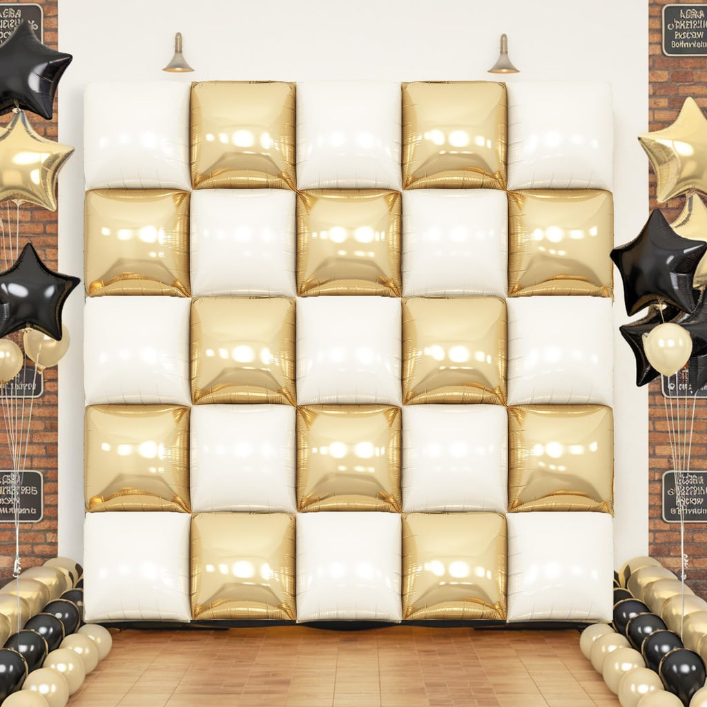 Adorely 25-Pack Double-Sided Gold White Square Foil Balloons – 19 Inch Party Backdrop Kit