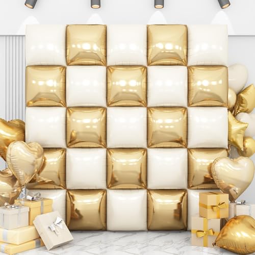 Adorely 25-Pack Double-Sided Gold White Square Foil Balloons – 19 Inch Party Backdrop Kit