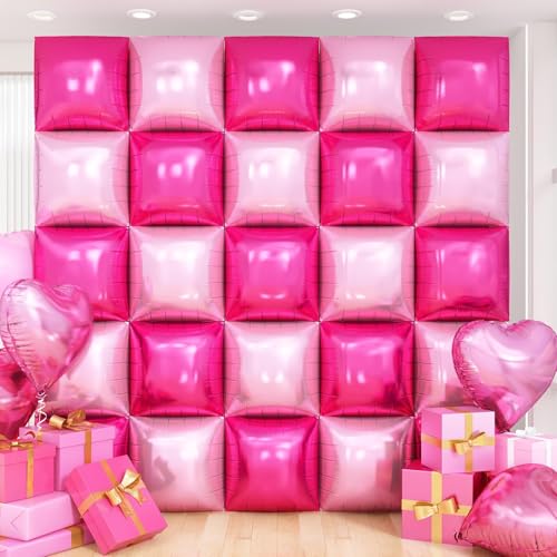 Adorely 25-Piece Double-Sided Hot Pink Square Foil Balloon Wall Kit - 19-Inch Party Backdrop for Valentine's Day, Birthdays, and More