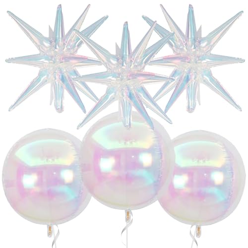 Adorely 6-Pack Iridescent Foil Balloons - 22 Inch Clear 4D Round and Explosion Star Balloons for Party Decor