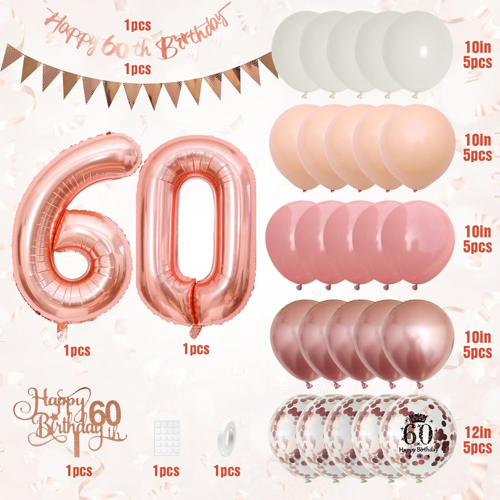 Adorely 60th Birthday Decorations – Pink Rose Gold Set with Banner, Balloons & Cake Topper for Women