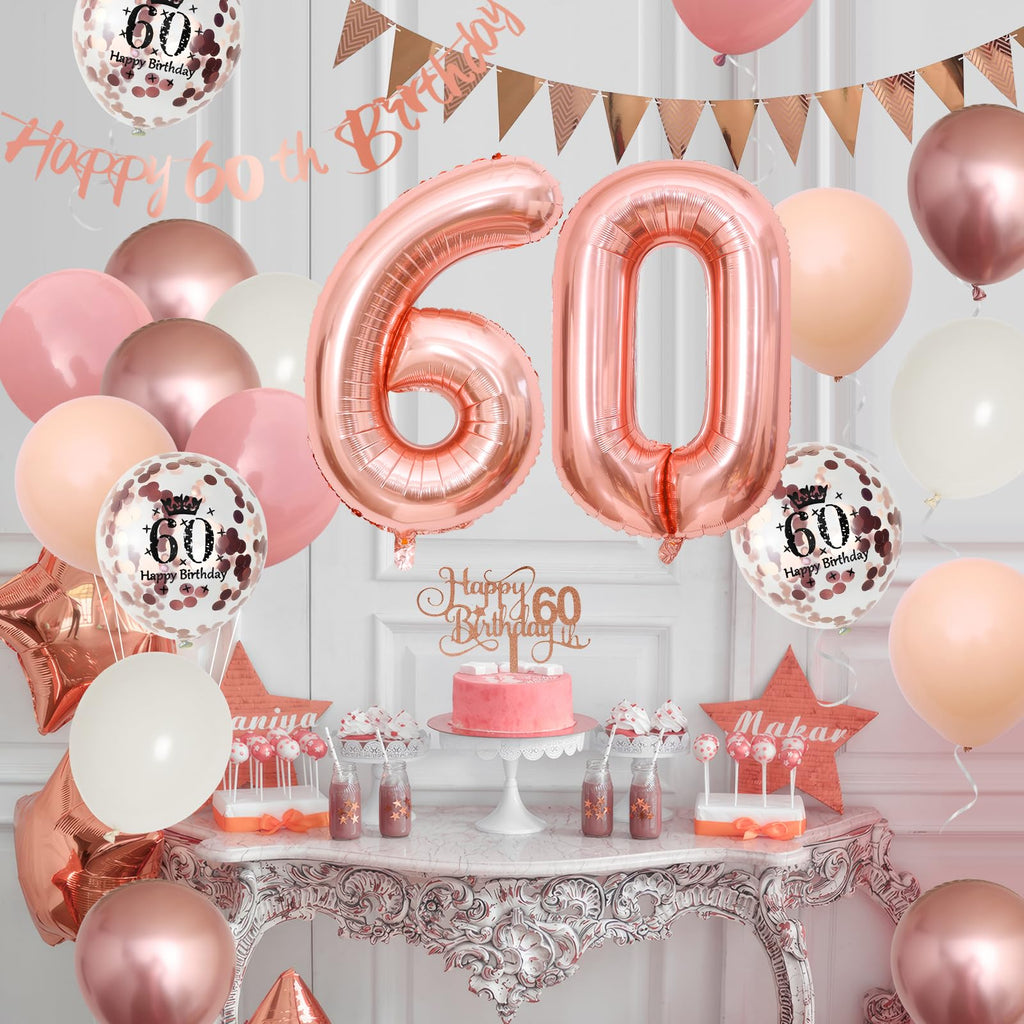 Adorely 60th Birthday Decorations – Pink Rose Gold Set with Banner, Balloons & Cake Topper for Women