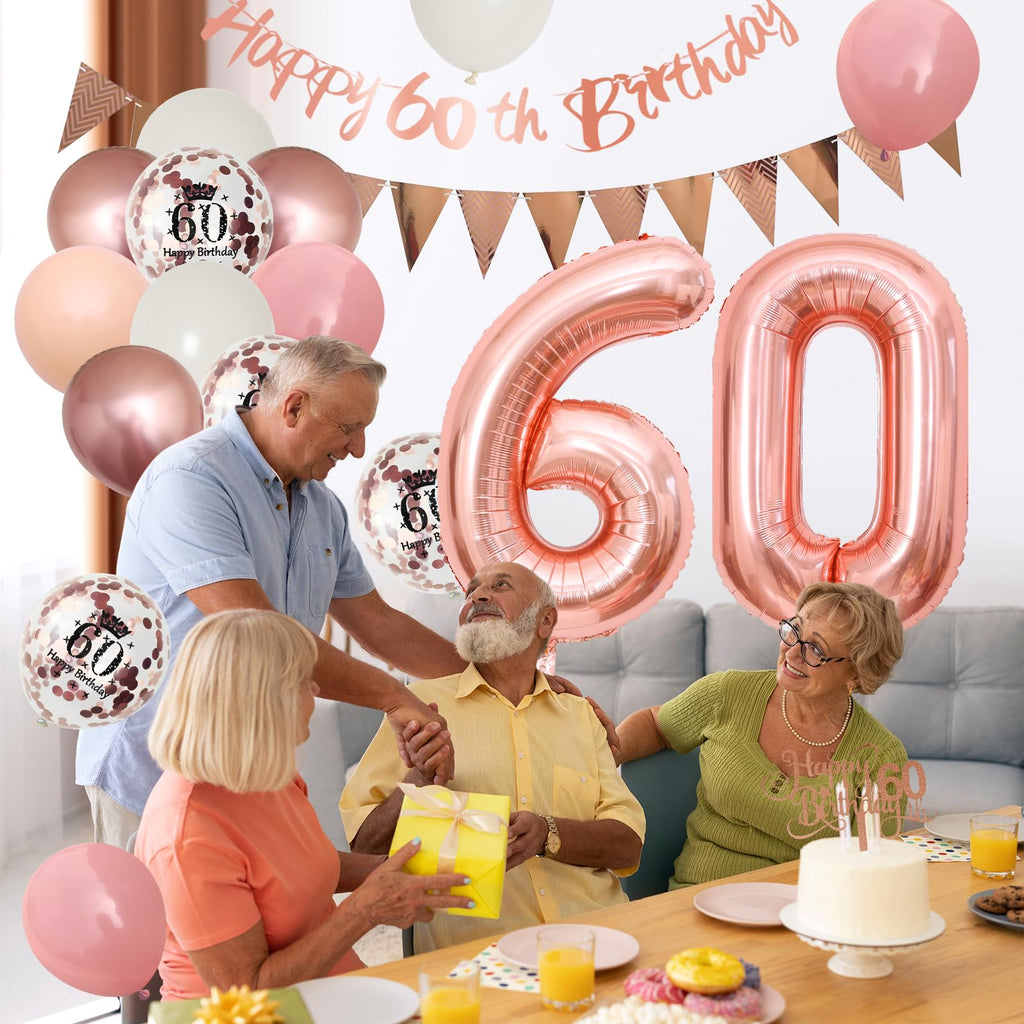 Adorely 60th Birthday Decorations – Pink Rose Gold Set with Banner, Balloons & Cake Topper for Women