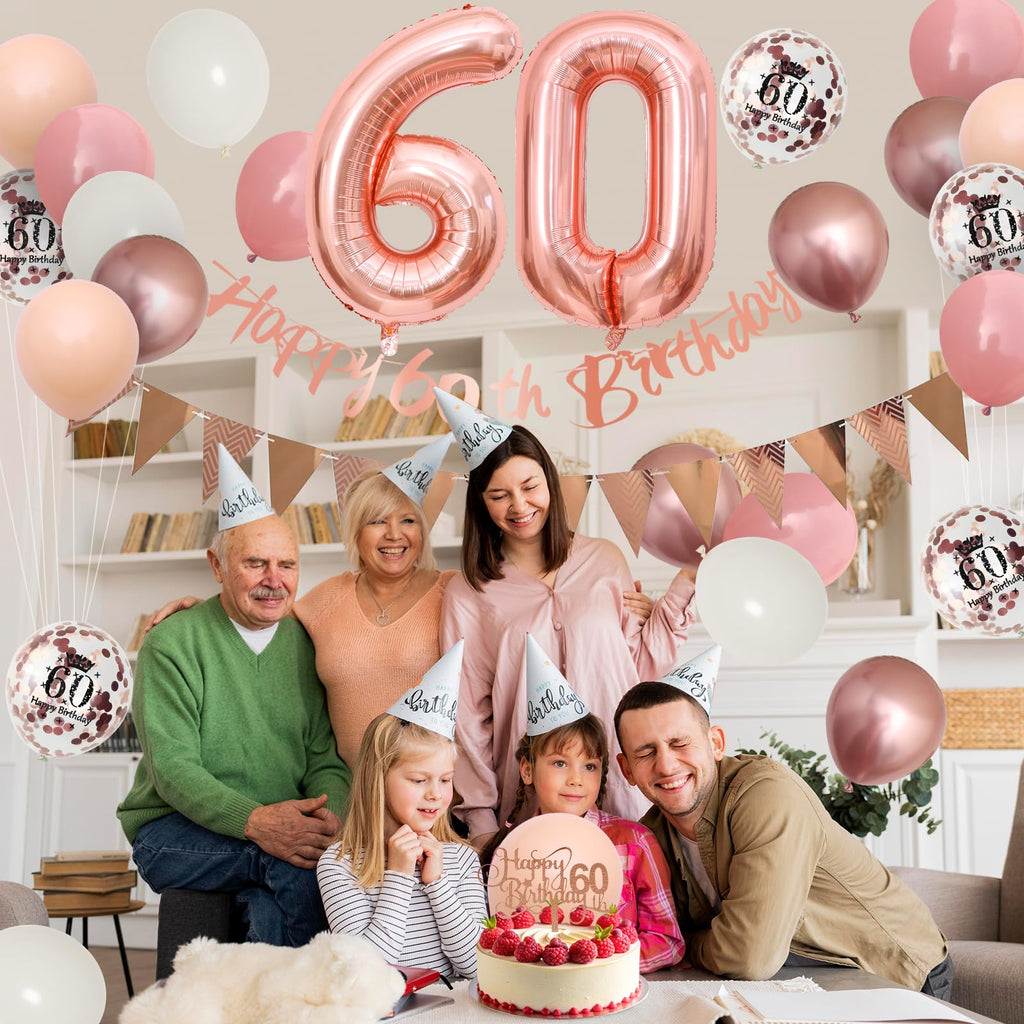 Adorely 60th Birthday Decorations – Pink Rose Gold Set with Banner, Balloons & Cake Topper for Women