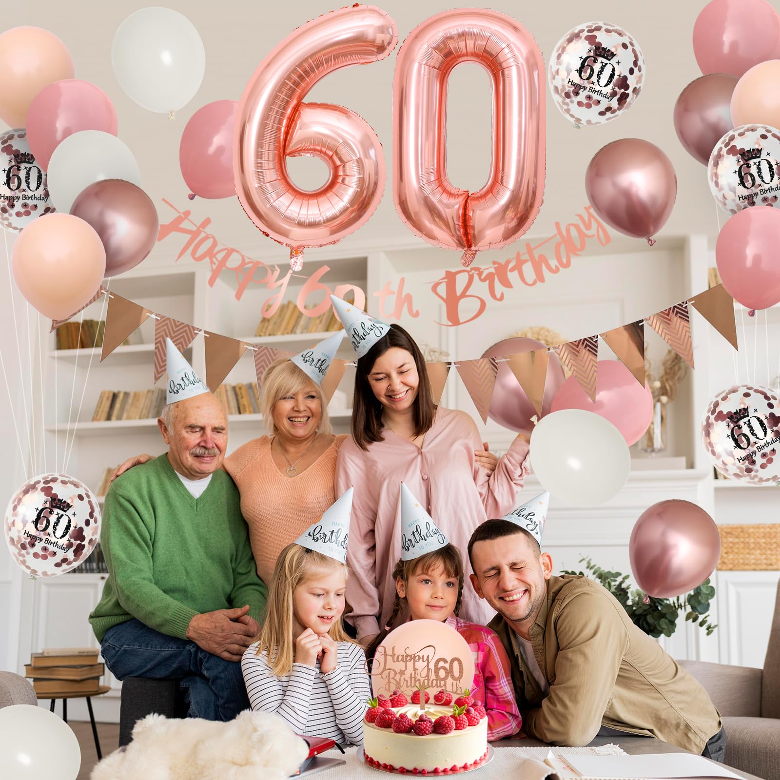 Adorely 60th Birthday Decorations – Pink Rose Gold Set with Banner, Balloons & Cake Topper for Women
